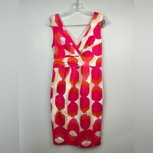Boden Ikat Sheath Dress Pink White Orange Sleeveless V-Neck  Side Zip Sz 4